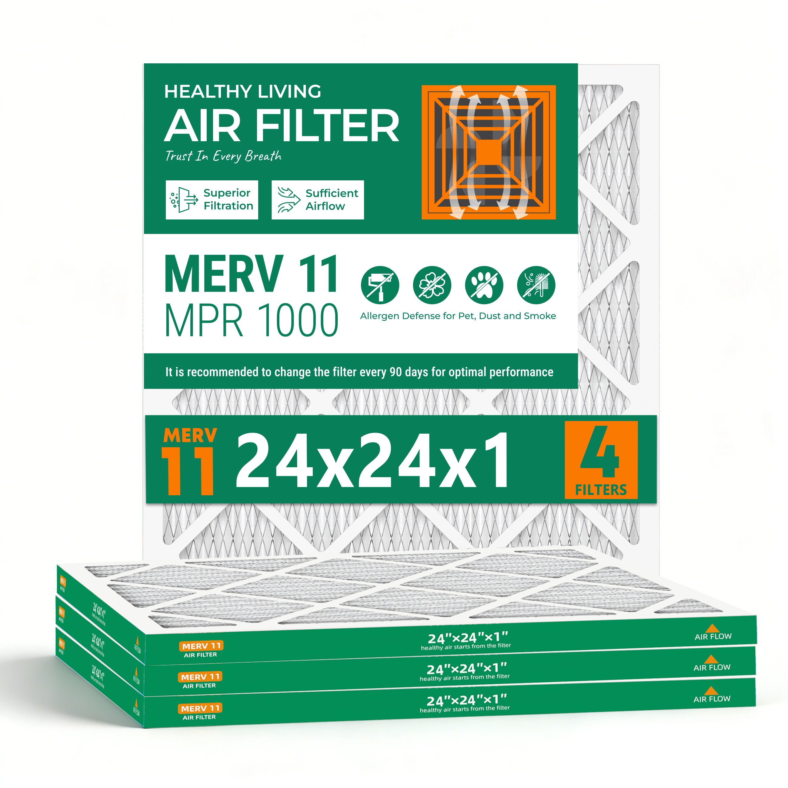 SUIXINEYI 24x24x1 HVAC Filter MERV 11, Universal Replacement Air Filter for Furnace & Central AC, Blocks Dust, Smoke, Pet Dander & Allergen Particles