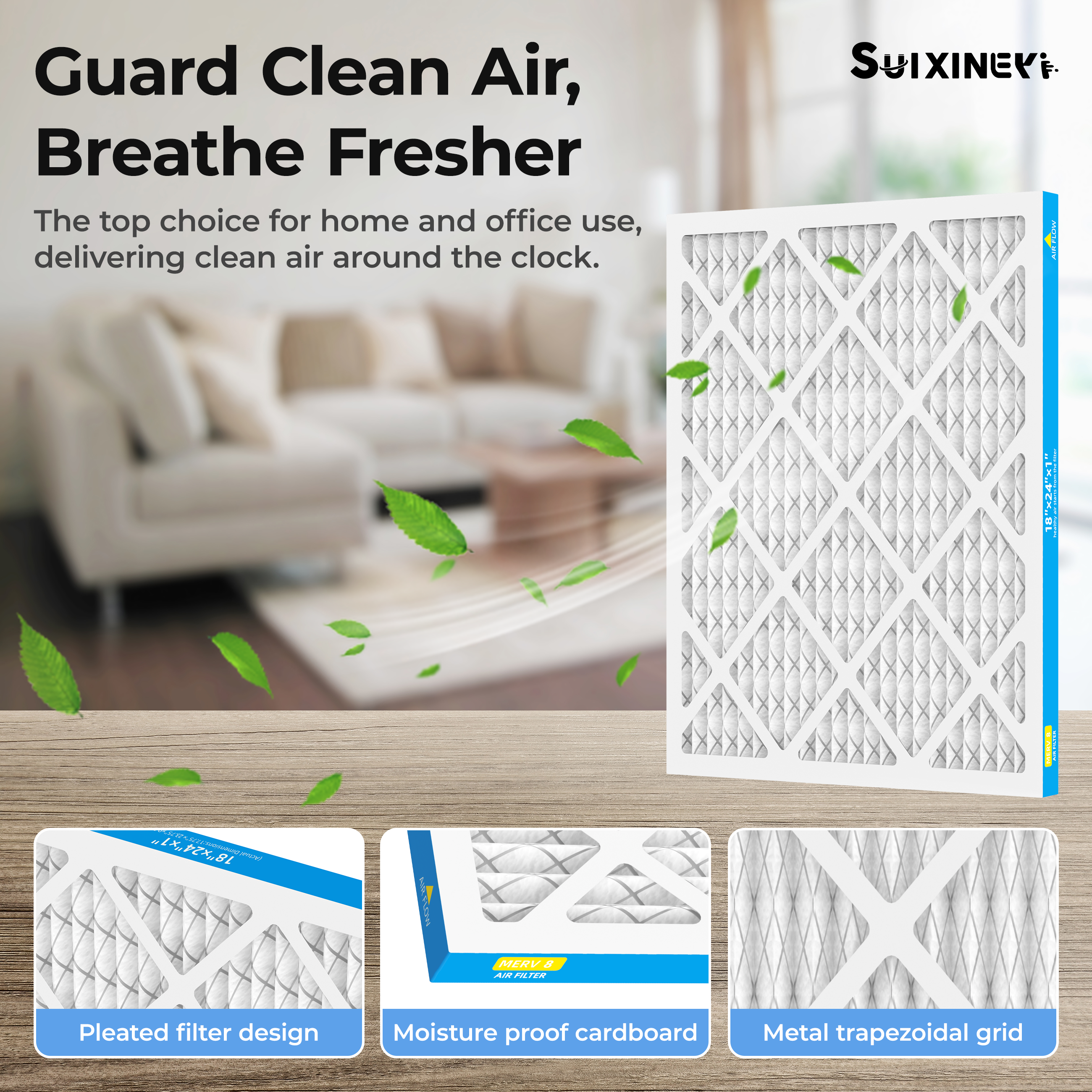 SUIXINEYI 18x24x1 Nominal HVAC Air Filter, MERV8 Pleated Replacement Filter for Air Conditioner Furnace