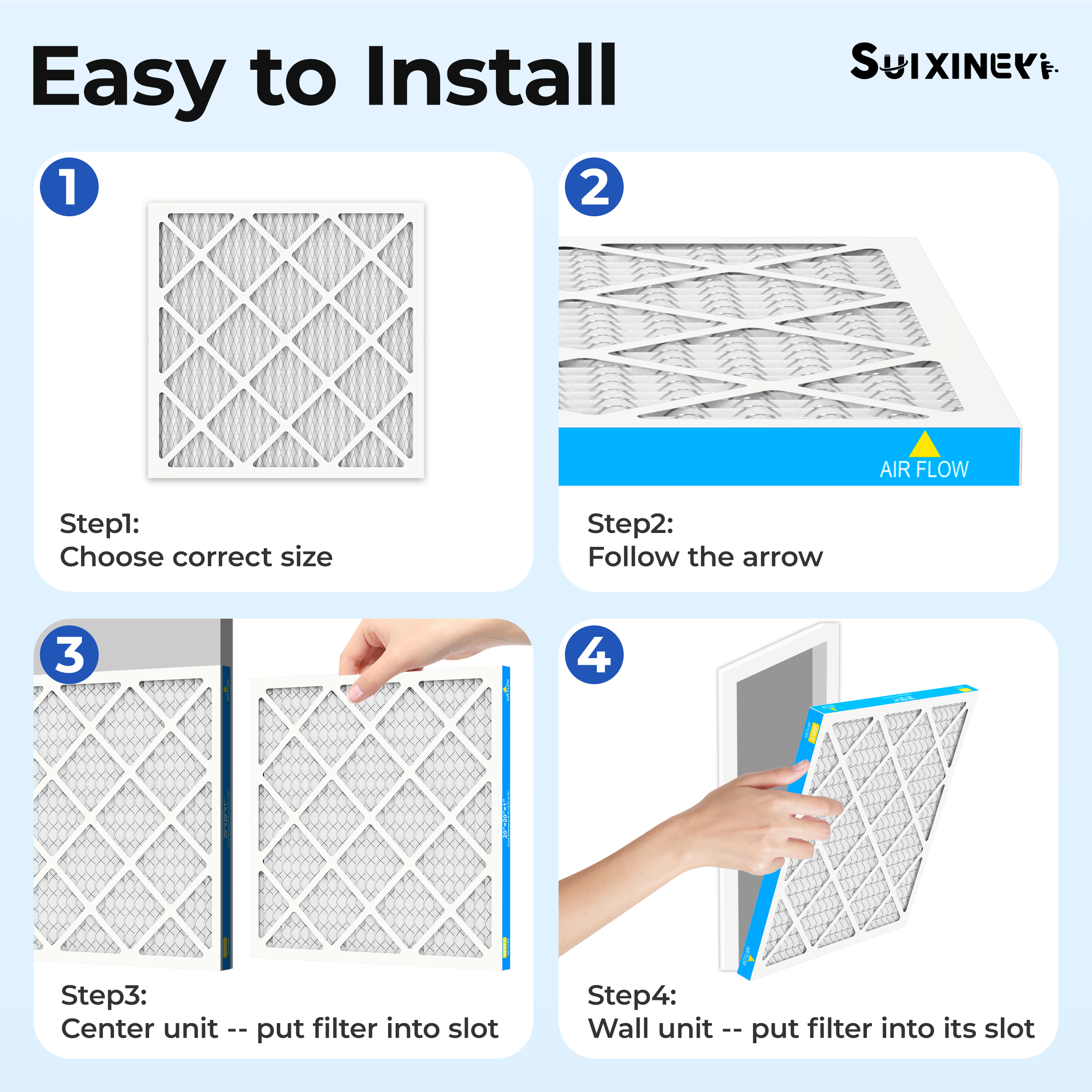 SUIXINEYI 20x20x1 Air Filter, MERV 8, Allergens and Pet Dander, 3-Month AC and Furnace Filters
