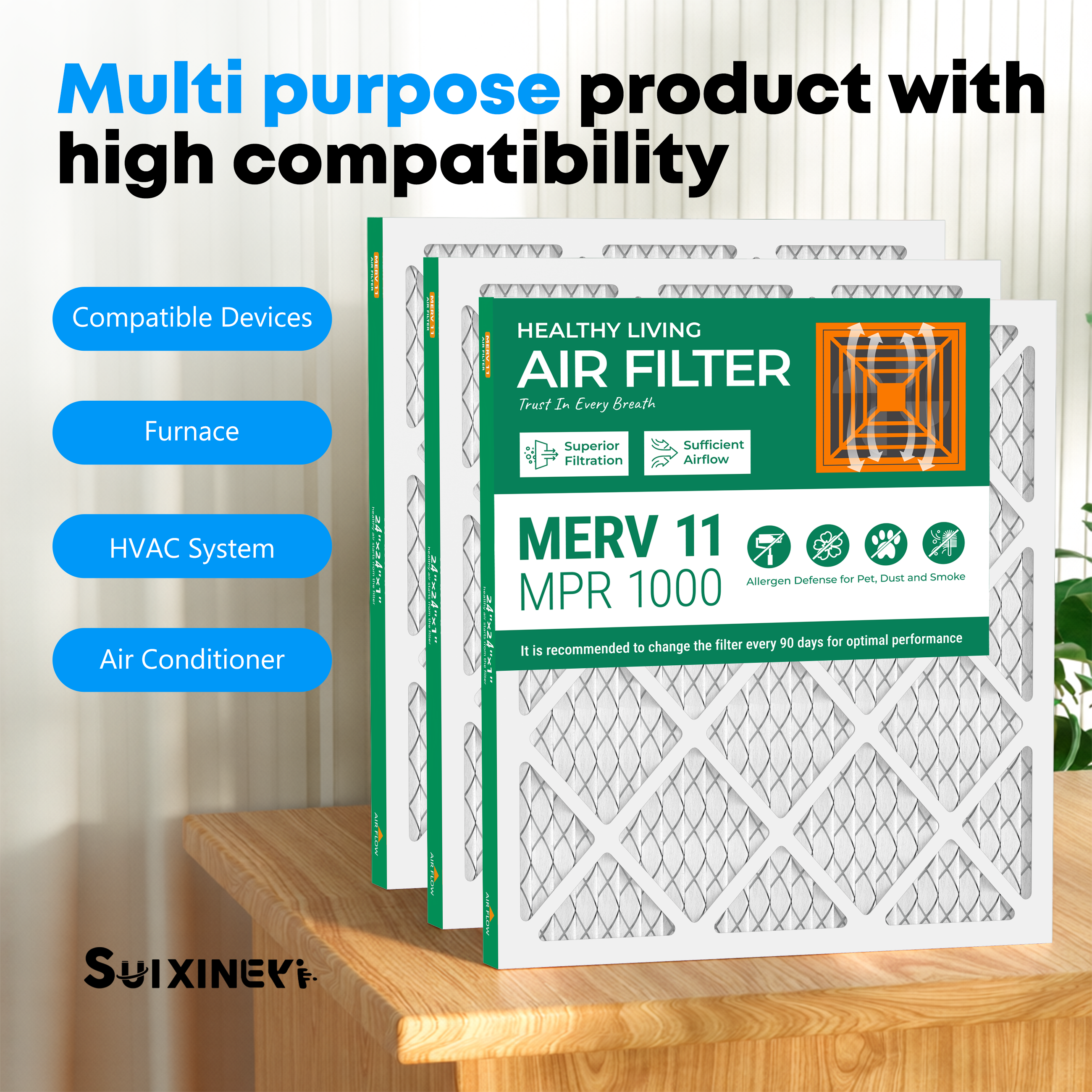 SUIXINEYI 24x24x1 HVAC Filter MERV 11, Universal Replacement Air Filter for Furnace & Central AC, Blocks Dust, Smoke, Pet Dander & Allergen Particles