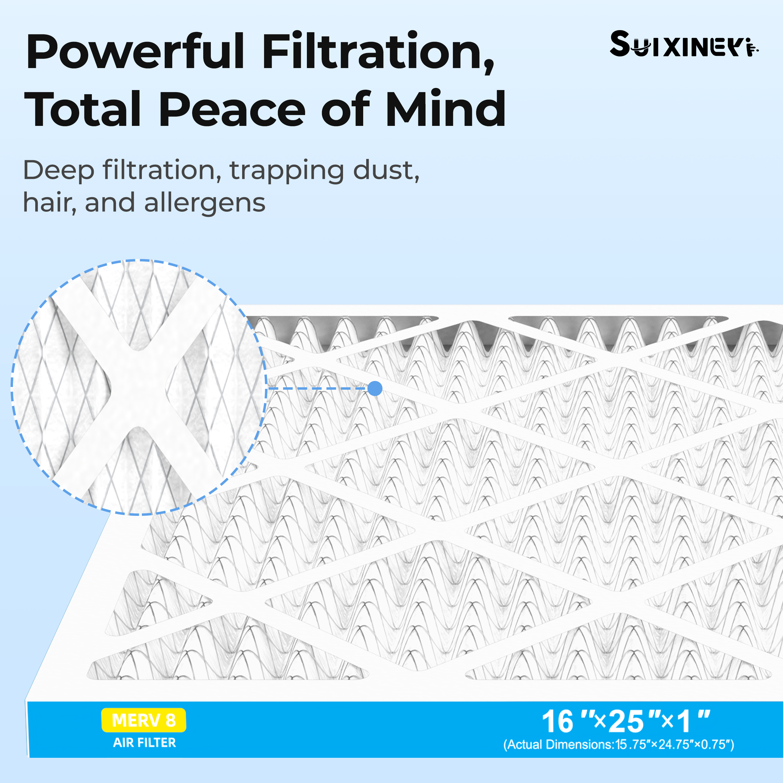 SUIXINEYI MERV 8 16x25x1 Pleated Air Filter, Replacement HVAC Filter for Residential and Commercial AC Furnace