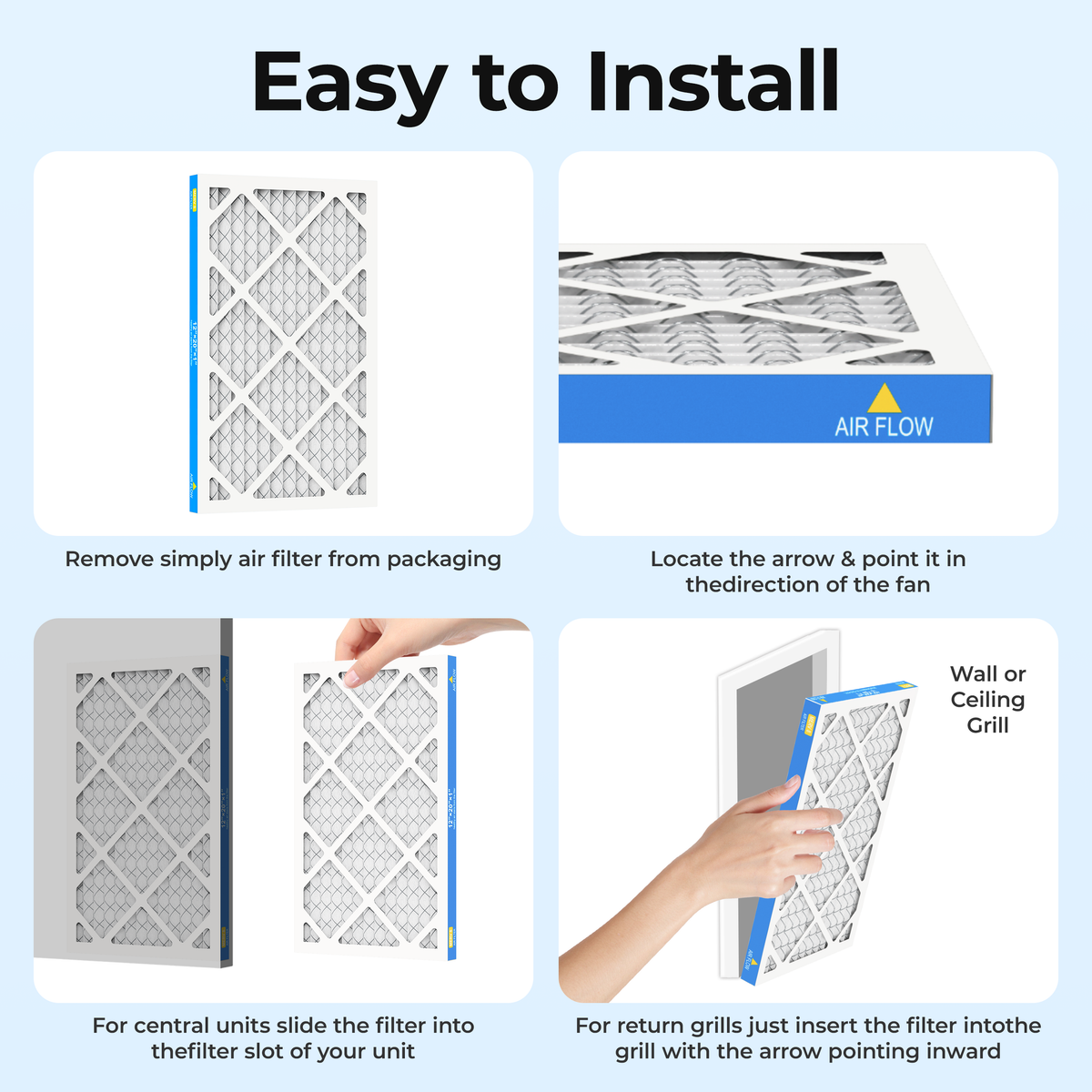 SUIXINEYI MERV8 12x20x1 inch Air Filter, Easy‑to‑Install HVAC Furnace AC Filter, Airflow Direction Arrow for Central Units Wall Ceiling Return Grills Replacement