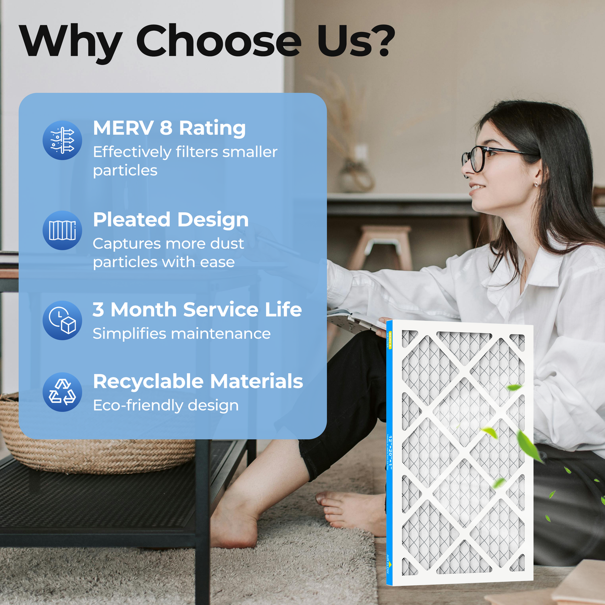 SUIXINEYI MERV8 12x20x1 inch Air Filter, Pleated HVAC Furnace AC Filter, 3‑Month Service Life, Recyclable Eco‑Friendly Material for Fine Particle Filtration