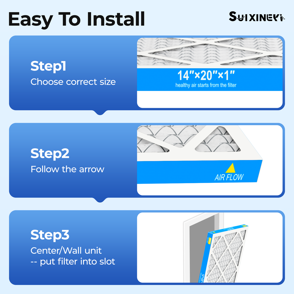 SUIXINEYI MERV8 14x20x1 inch air filter replacement installation guide for HVAC systems, showing steps to choose the correct 14 x 20 x 1 furnace filter size, follow airflow direction arrows, and install the filter into residential air conditioning and heating units for improved indoor air quality.