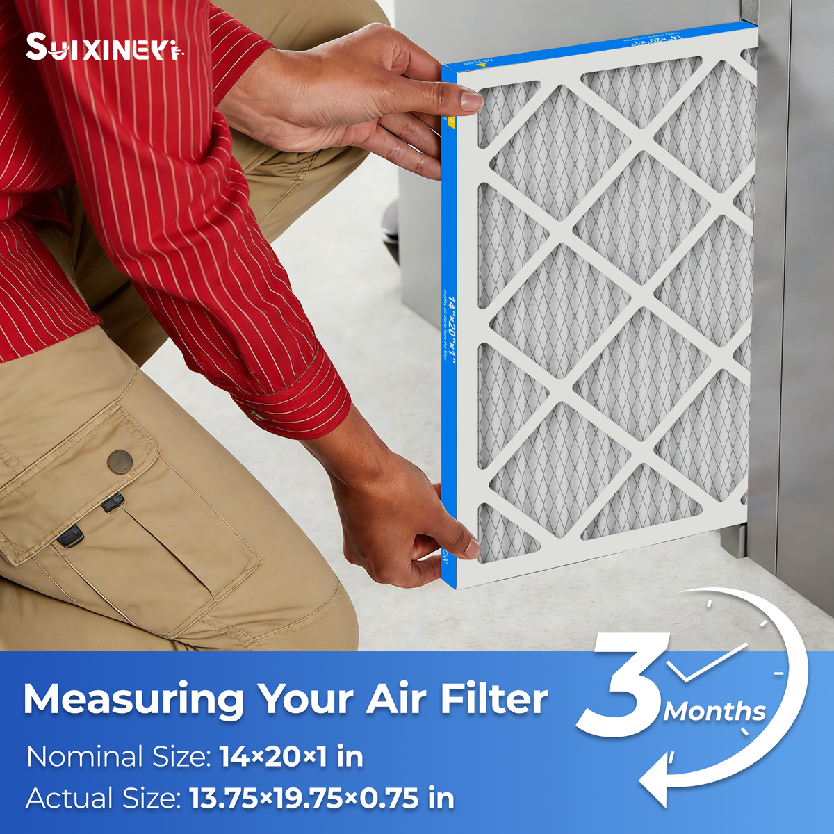 SUIXINEYI MERV8 14x20x1 inch air filter replacement for HVAC system, showing installation and measurement of a 14 x 20 x 1 furnace filter with actual size 13.75 x 19.75 x 0.75 inches, designed for residential air conditioning and heating systems.
