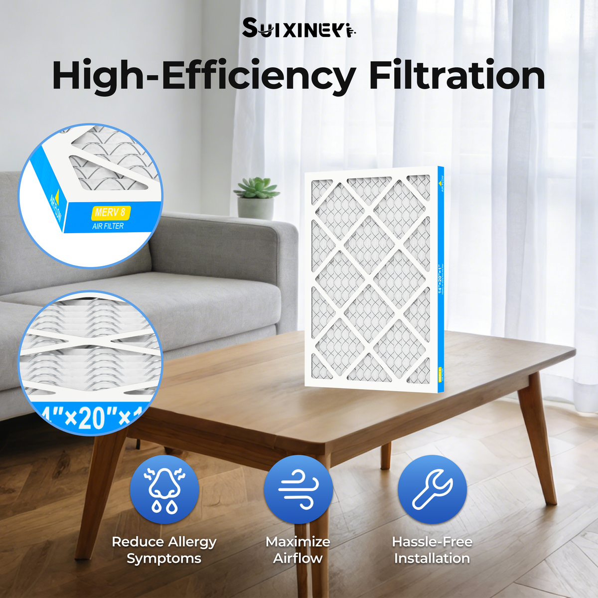 SUIXINEYI MERV8 14x20x1 inch air filter replacement for HVAC systems, high-efficiency furnace filter designed for home air conditioning and heating units, featuring advanced filtration media to improve airflow, reduce airborne allergens, and provide easy installation for residential indoor air quality.