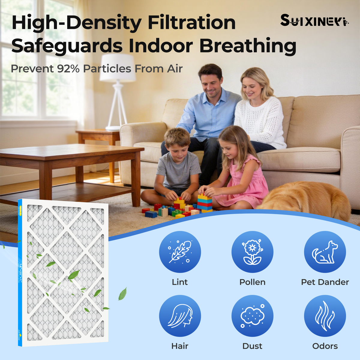 SUIXINEYI MERV8 14x20x1-inch Pleated Air Filter—High-Density HVAC AC Furnace Filter for Home, engineered to protect indoor air quality and trap 92% of airborne particles, including lint, pollen, pet dander, hair, dust, and odors, ensuring premium indoor air quality and reliable replacement performance.